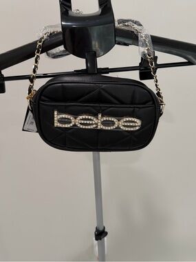 bebe Black Quilted Mini Crossbody with Crystal Logo